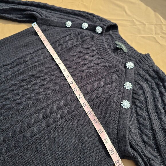 Ann Taylor Black cableknit Sweater with Rhinestone Floral Accent, size L, EUC - Picture 8 of 9
